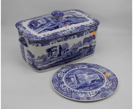 A Spode Italian pattern blue and white bread bin, w.40cm, together with a matching cake stand, dia.29cm (2)Bread bin in good 