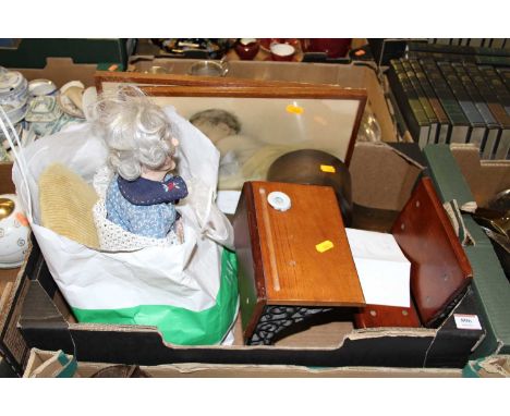 Miscellaneous items to include a bisque headed doll, miniature desk, mantel clock, lithographs etc 