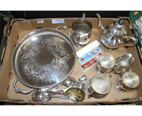 A collection of silver plated wares, to include flatware and a serving tray