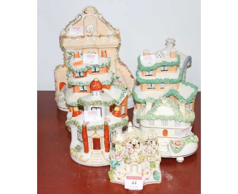 A collection of seven Staffordshire pastille burners, each of architectural form, the largest h.23cm 