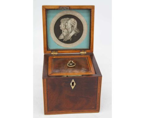 A George III rosewood crossbanded and boxwood strung tea caddy of square shape, the hinged lid with portrait print to the und