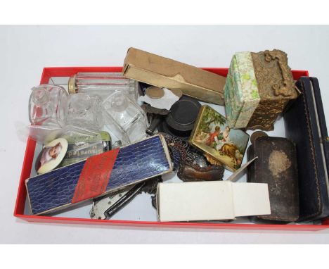 Miscellaneous items to include a porcelain portrait miniature, carriage clock, dressing table jars, decanter label etc