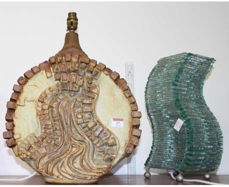 A Bernard Rooke style studio pottery table lamp, of circular form, height 47cm including fittings (a/f), together with a mode