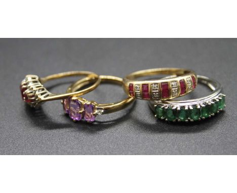 Four various modern 9ct gold precious and semi precious set dress rings to include amethyst, ruby, diamond, and emerald examp