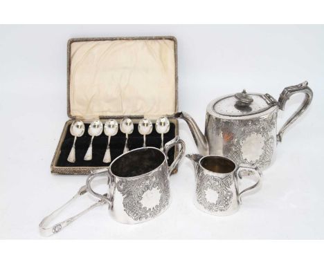 A small collection of miscellaneous items to include a silver plated three-piece tea set with floral engraved decoration, pai