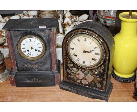 A Victorian black slate and rouge marble eight day mantel clock, height 33cm, together with a Victorian ebonised eight day ma