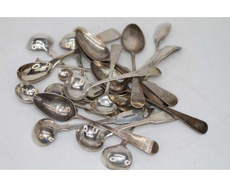 A collection of 19th century and later loose silver flatware, principally being mustard, preserve, and teaspoons, gross weigh