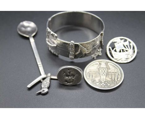 An Asian white metal hinge belt bangle, together with other silver and white metal to include coffee spoon, brooch, ring, etc