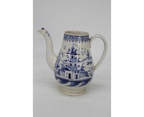 A blue and white coffee pot, possibly Chaffers, Liverpool, underglaze blue decorated with pagodas within landscape (lacking c