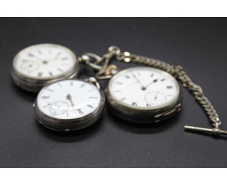 Three Victorian silver cased open face pocket watches, one having engine turned case and keywind movement; and two further ge