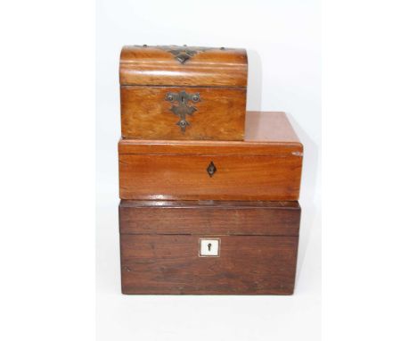 A Victorian walnut and brass mounted twin compartment tea caddy, of casket form, width 20cm, together with two further 19th c