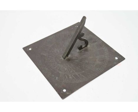 An antique copper sundial inscribed Docet Ombra 1650, 21cm square