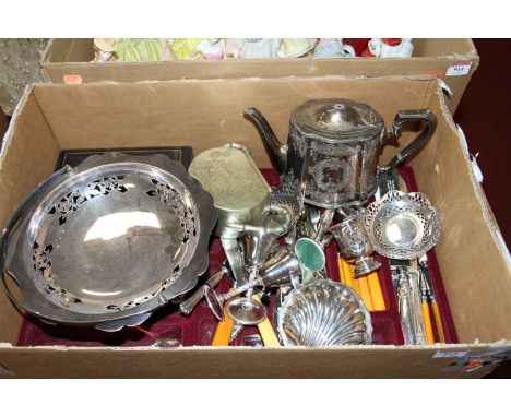 A collection of silver plated wares to include flatware and a teapot