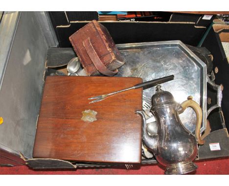 A box of miscellaneous metalware to include silver plated coffee pot, twin handled gallery tray, carriage clock travel case e