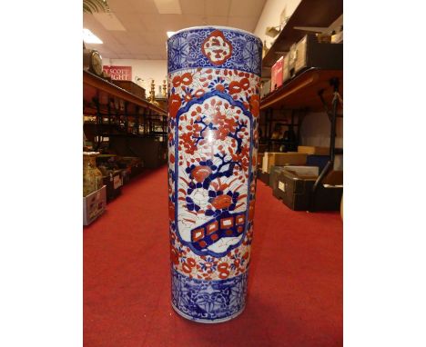 A Japanese Imari porcelain cylindrical stick stand, height 62cm (a/f)