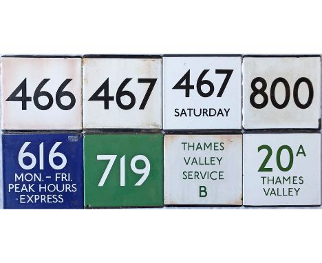 Selection (8) of London Transport bus/coach stop enamel E-PLATES comprising 466, 467, 467 Saturday, 800, 616 Mon-Fri Peak Hou