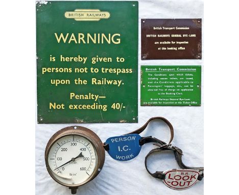 Collection of RAILWAYANA comprising a British Railways (Southern Region) tin 'Warning...trespass' notice with BR totem logo (