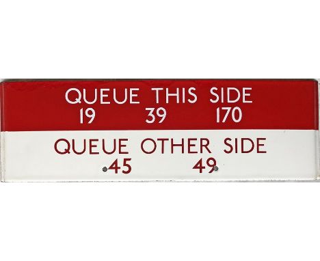 London Transport bus stop enamel Q-PLATE 'Queue this side for 19, 39, 170, Queue other side for 45, 49'. This would have been
