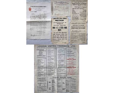 Small bundle of London TRAMWAY EPHEMERA comprising a 1926 London United Tramways STAGES &amp; FARES POSTER, a 1912 LCC Tramwa