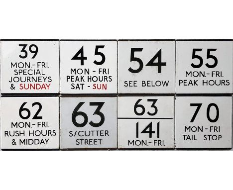 Selection (8) of London Transport bus stop enamel E-PLATES with some interesting wordings, comprising 39 Mon-Fri, Special Jou