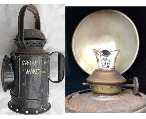 Great Western Railway (GWR) HANDLAMP inscribed 'GW &amp; LM&amp;S Joint R/s Minsterley' and stamped 'GWR' and 'T F Bladon &am