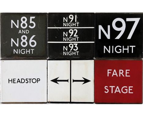 An assortment (6) of London Transport bus stop enamel E-PLATES comprising Night Routes N85 &amp; N86, N91/N92/N93 and N97, He