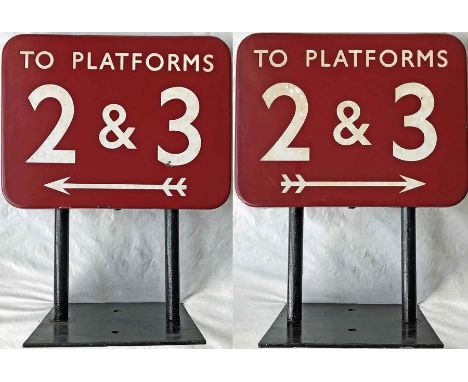 British Railways (Midland Region) small, double-sided enamel PLATFORM SIGN 'To Platforms 2 &amp; 3' with right/left-facing ar