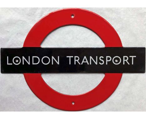 1950s/60s London Transport small, enamel BULLSEYE PLATE 'London Transport' as fitted to the sides of wooden bus shelters. Thi