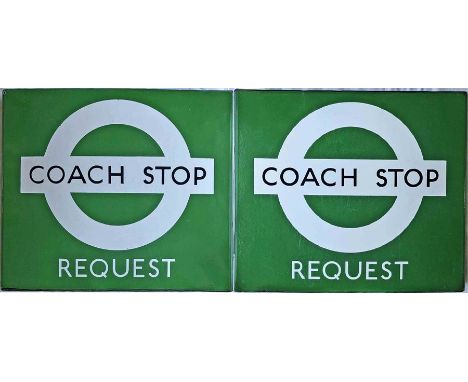 1950s/60s London Transport enamel COACH STOP FLAG (Request). A double-sided, hollow 'boat'-style flag measuring 18" x 16" (46