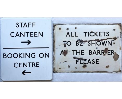 Pair of London Underground ENAMEL SIGNS comprising  a flanged sign 'Staff Canteen, Booking On Centre' with directional arrows