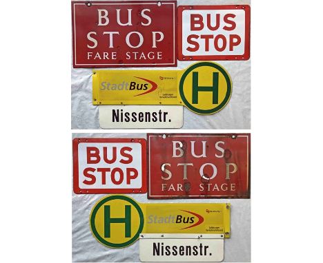 Trio of double-sided BUS STOP FLAGS: an enamel 'Bus Stop - Fare Stage', thought to be ex-City of Oxford Motor Services (19" x
