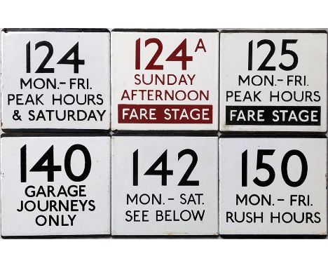 Selection (6) of London Transport bus stop enamel E-PLATES comprising routes 124 Mon-Fri Peak Hours &amp; Saturday, 124A Sund