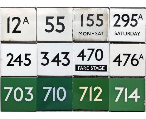 Nice selection (12) of London Transport bus &amp; coach stop enamel E-PLATES comprising routes 12A, 55, 155 Mon-Sat, 295A Sat