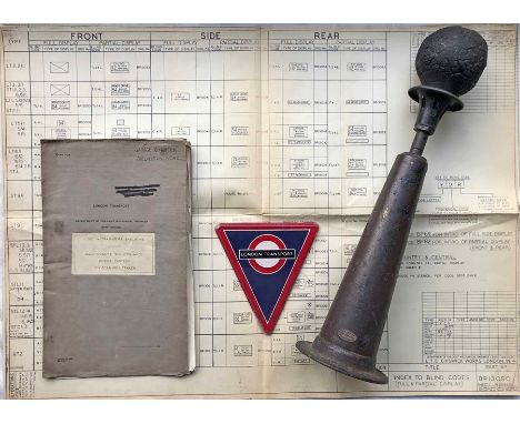 Small bundle of London Transport material comprising a 1930s BULB HORN, thought to be ex-STL (rubber bulb is perished), a Rou