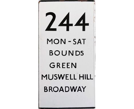 London Transport bus stop enamel E-PLATE for route 244. A double-vertical example that is destinated Mon-Sat, Bounds Green, M