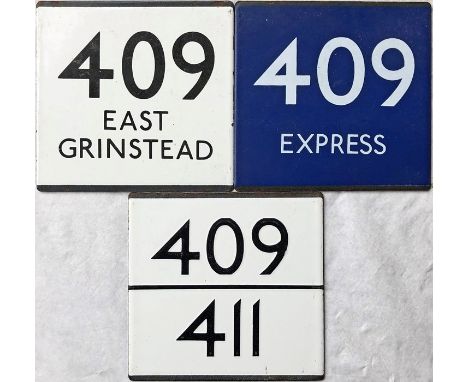Selection (3) of London Transport/London Country bus stop enamel E-PLATES comprising 409 destinated East Grinstead, 409 Expre