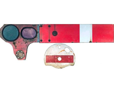 British Railways enamel HOME SIGNAL ARM complete with spectacle plate and lenses plus a double-sided, alloy SHUNT SIGNAL DISC