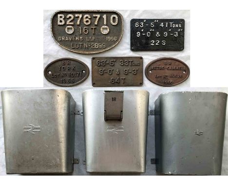 Box of British Railways relics comprising WAGON PLATES &amp; CARRIAGE WASTE BINS etc: 3 x aluminium waste bins with embossed 
