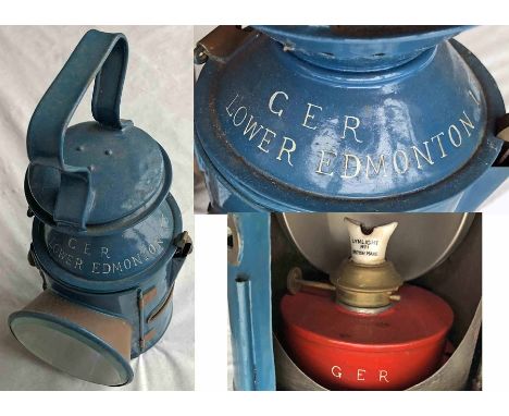 LNER (GER pattern) sliding-knob, 3-aspect HANDLAMP stamped on reducing cone 'Lower Edmonton 13' and lettered 'GER' on reducin