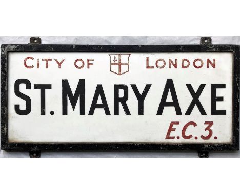 A c1920s City of London STREET SIGN from St Mary Axe, EC3 which runs between Leadenhall Street and Houndsditch in London's fi