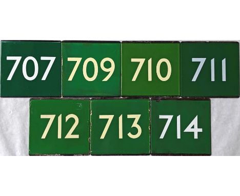 Selection (7) of London Transport coach stop enamel E-PLATES for Green Line routes 707, 709, 710, 711, 712, 713 and 714. Gene