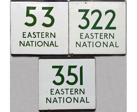 Trio of London Transport bus stop enamel E-PLATES for Eastern National routes 53, 322 and 351, featuring the green digits use