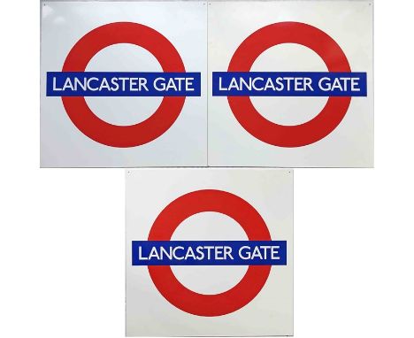 Trio of London Underground PLATFORM ROUNDEL SIGNS from Lancaster Gate station on the Central Line. Screen-painted aluminium s