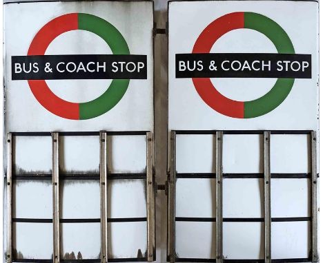 London Transport enamel BUS &amp; COACH STOP FLAG (compulsory). A 1950s/60s 'bullseye'-style, E9-size, double-sided 'boat'-ty