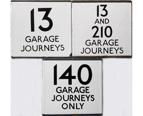 Selection (3) of London Transport bus stop enamel E-PLATES, all in respect of garage journeys and comprising 13 Garage Journe