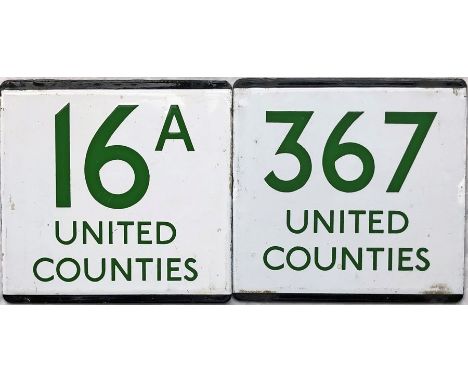 Pair of London Transport bus stop enamel E-PLATES for United Counties routes 16A and 367, featuring the green digits used for