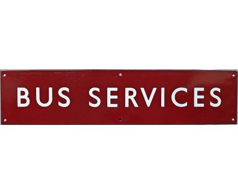 British Railways (Midland Region) ENAMEL SIGN 'BUS SERVICES', a header plate from a timetable board. Measures 25" x 5.5" (64c