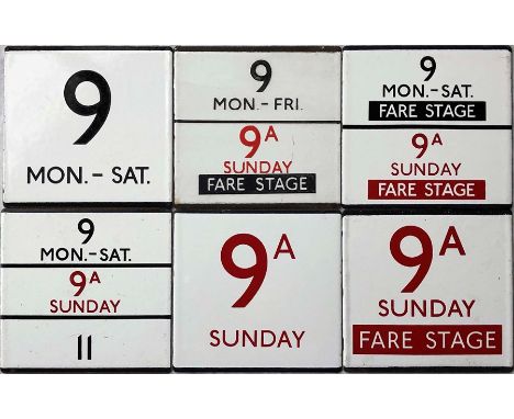 Selection (6) of London Transport bus stop enamel E-PLATES, all for the 9 group, some with red digits, and comprising 9 Mon-S