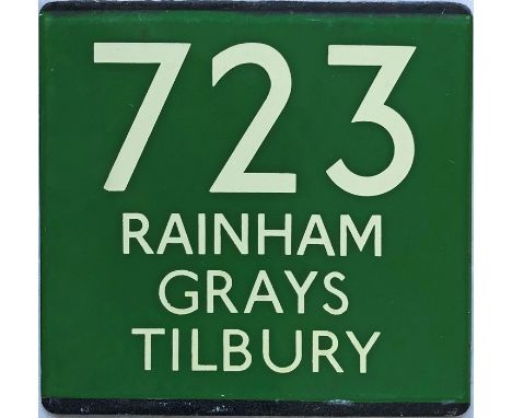 London Transport coach stop enamel E-PLATE for Green Line route 723 destinated Rainham, Grays, Tilbury. This would have been 