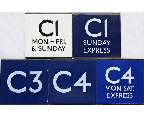 Selection (5) of London Transport bus stop enamel E-PLATES for the Croydon flat-fare routes comprising C1 Mon-Fri &amp; Sunda